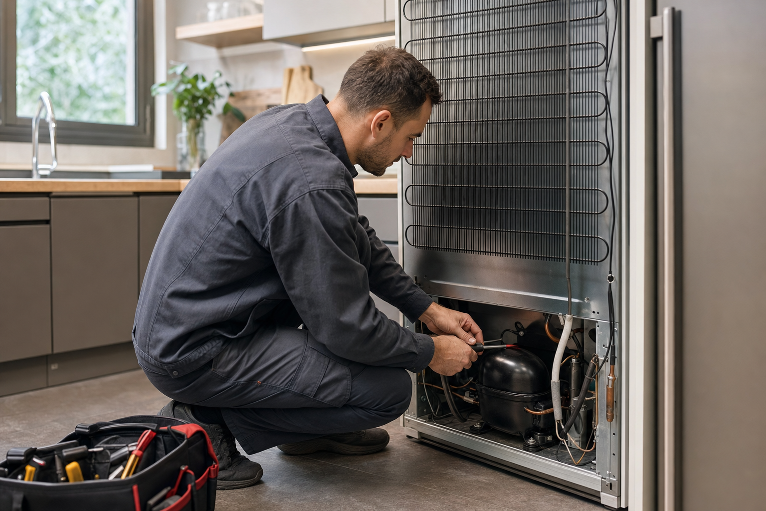 Technician servicing a home refrigerator