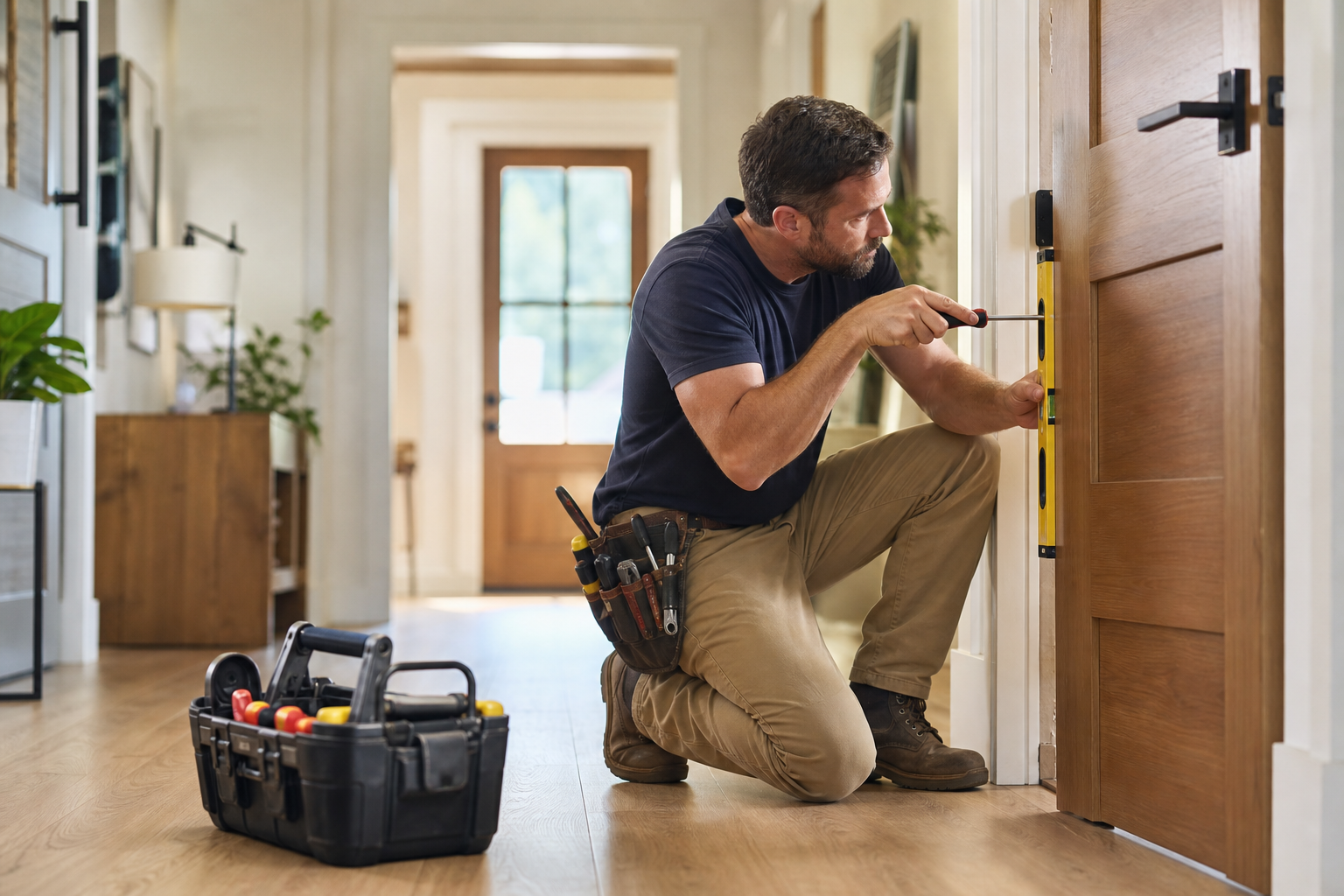 Handyman repairing a door in a home